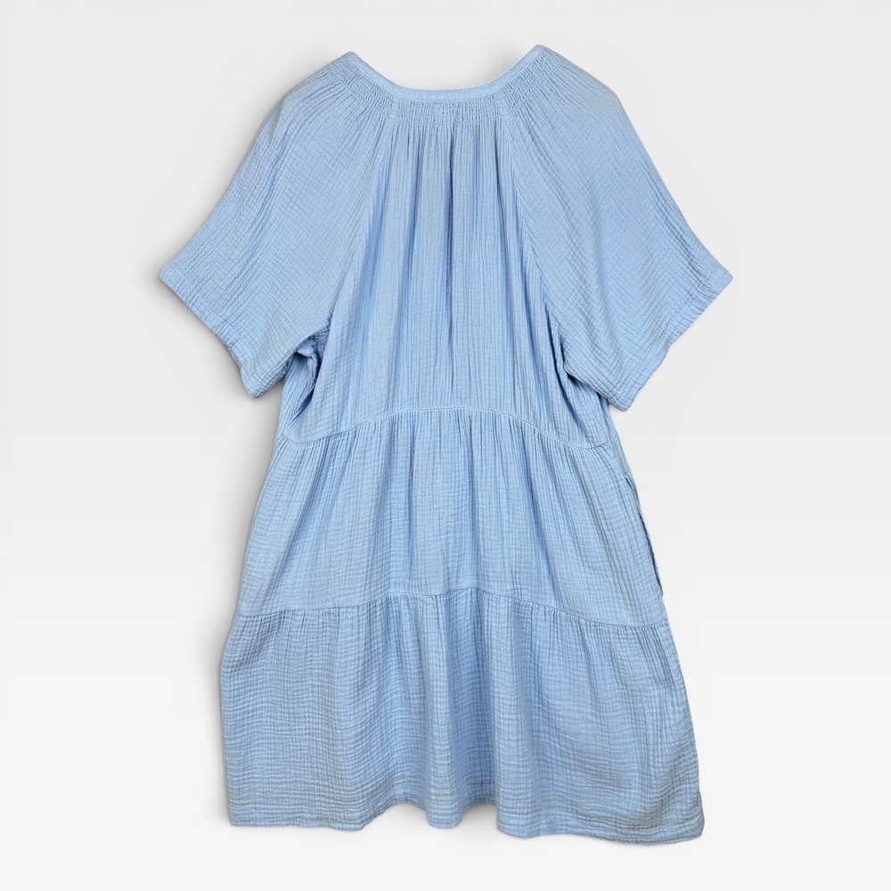 Gap Cotton Gauze Tiered Dress XL Light Blue Short Sleeve Mini V-Neck Coastal - Picture 2 of 9